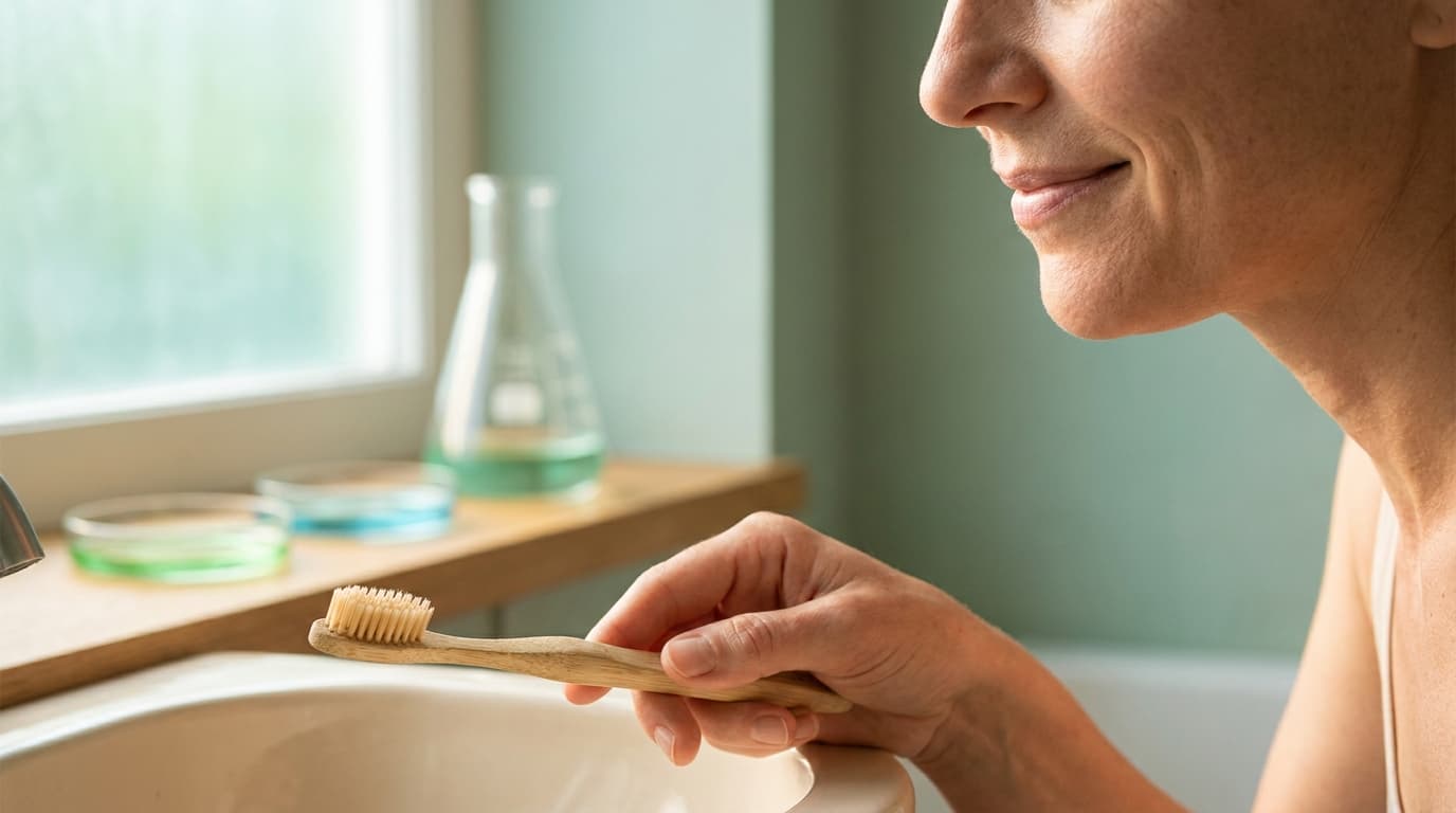 Vrouw poetst haar tanden bij blog over mondgezondheid en lagegradige ontsteking - Newmedix
