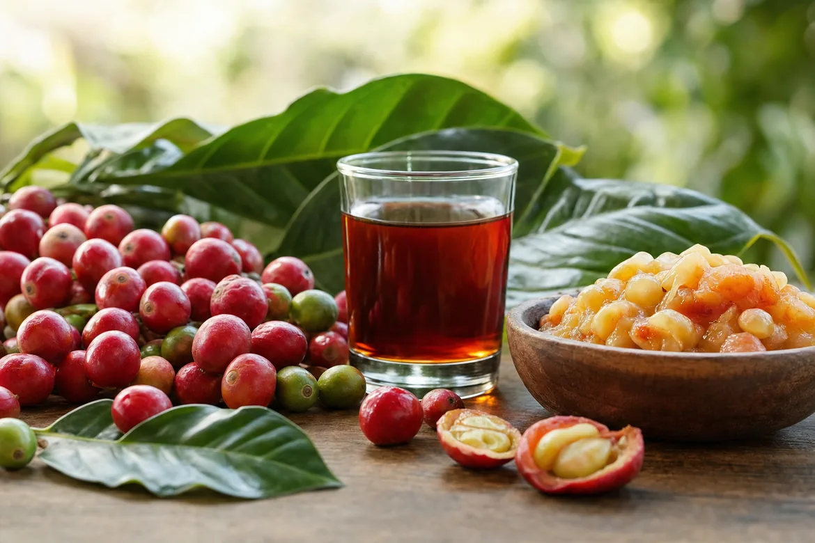 Glazen met amberkleurig Coffea arabica pulp extract op een houten tafel, met koffiebessen, bladeren en een schaaltje chlorogeenzuur