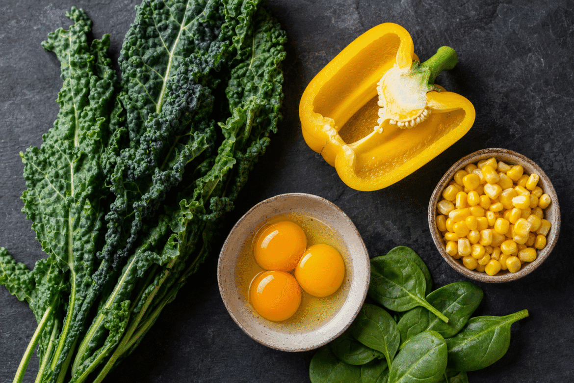 Boerenkool, gele paprika, mais, eigeel en spinazie op donkere leisteen - lutein-rijke voeding