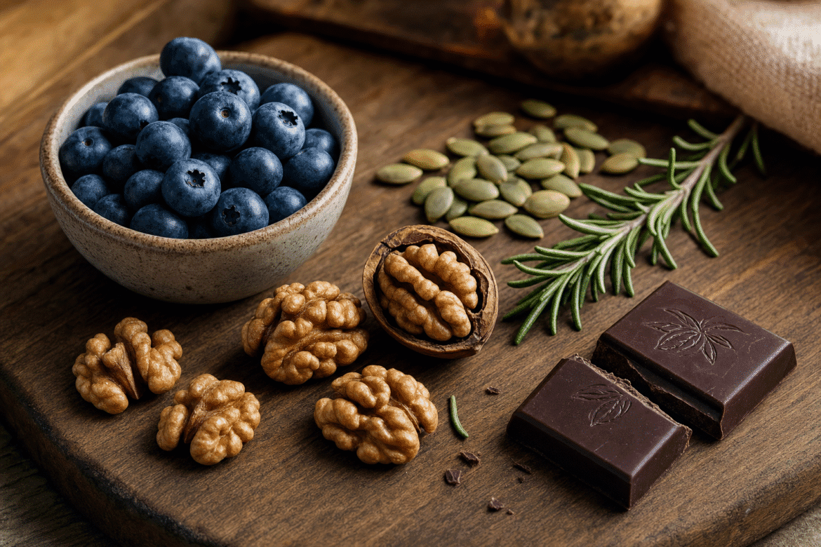 Blauwe bessen, walnoten, pompoenpitten, rozemarijn en pure chocolade - voeding voor hersengezondheid