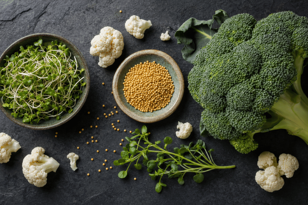 Broccoli, mosterdzaad, broccoli-sprouts op donkere leisteen