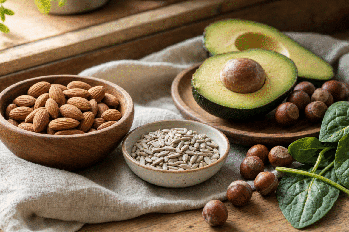 Amandelen, zonnebloempitten, avocado, hazelnoten en spinazie - bronnen van vitamine E