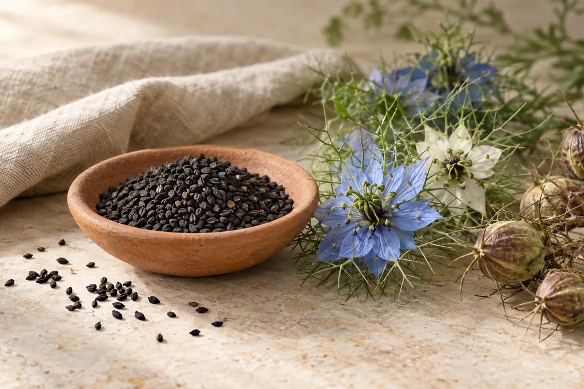 Glazen flesje zwarte-komijnolie met Nigella sativa-zaden, zaaddozen en bladeren op een houten tafel
