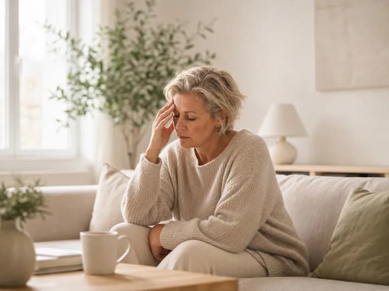 B12 symptomen bloedarmoede - vermoeide vrouw met hoofdpijn