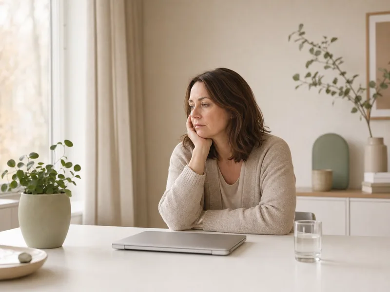 B12 symptomen brain fog - vrouw in gedachten verzonken